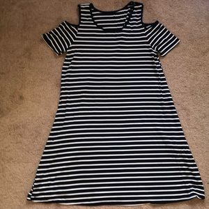 navy blue and white striped dress